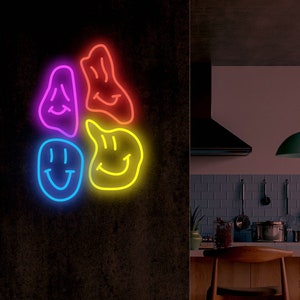 Distorted Smile Face Neon Sign, Custom Multi Color Smile Face Led Sign , Home Decor Wall Light Art