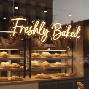 May include: A bakery storefront with a neon sign that reads "Freshly Baked." Inside, shelves display various types of bread. The window reflects the street outside, with a glimpse of buildings and a vehicle.