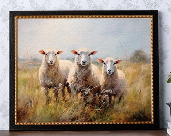 May include: A framed painting of three white sheep standing in a field of tall grass. The sheep are looking directly at the viewer. The painting is set against a blue sky with white clouds.