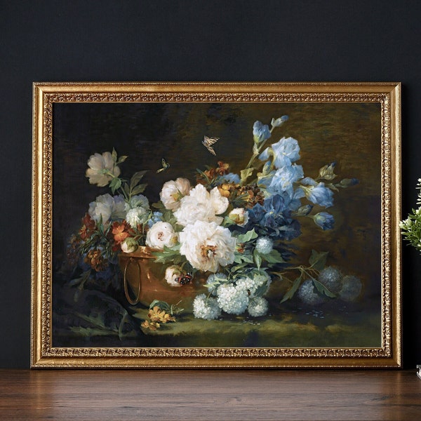 Imprimer | Nature morte avec pivoines, iris, hortensias et papillons | reproduit à partir d'une peinture originale | Article n° 1159