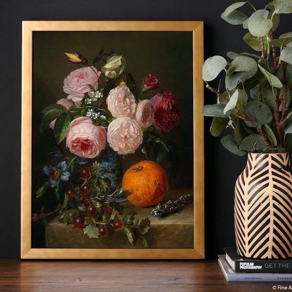Unframed Print | Floral and Fruit Still Life Painting reproduced from an original oil painting | Vintage flower painting | Art No. 1108