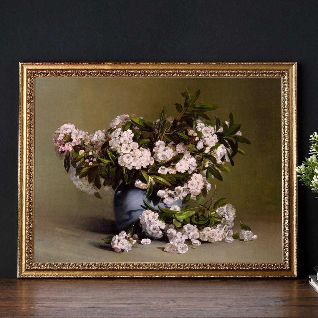 Print | Still Life Painting of Pink Flowers on Abstract Background ...