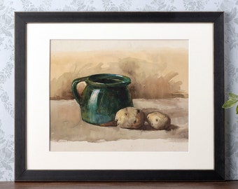 Print | Vintage Still Life Water Color Painting of Potatoes with Jar, reproduced from an original painting | Art No. 1151