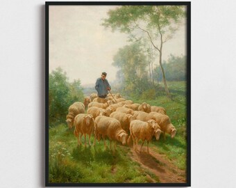 Print | Painting of a shepherd herding sheep, reproduced from an original painting | Art No. 1208