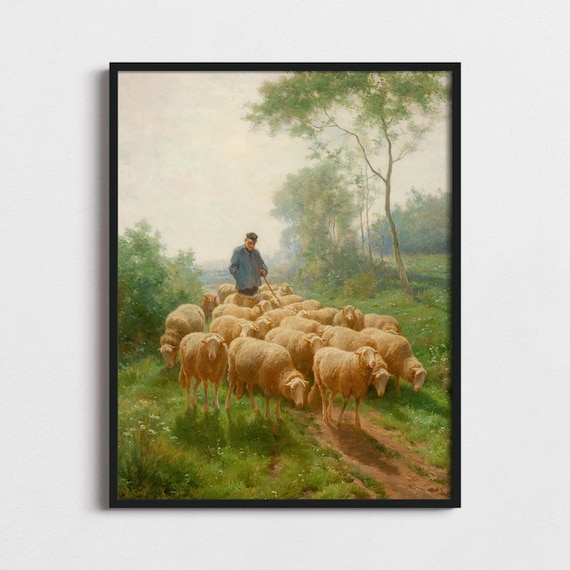 Print Painting of a Shepherd Herding Sheep, Reproduced From an