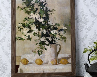 Print | Vintage Still Life Painting with Lemons and White Flowers, reproduced from an original oil painting | Art No. 1137