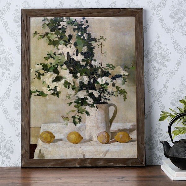 Print | Vintage Still Life Painting with Lemons and White Flowers, reproduced from an original oil painting | Art No. 1137