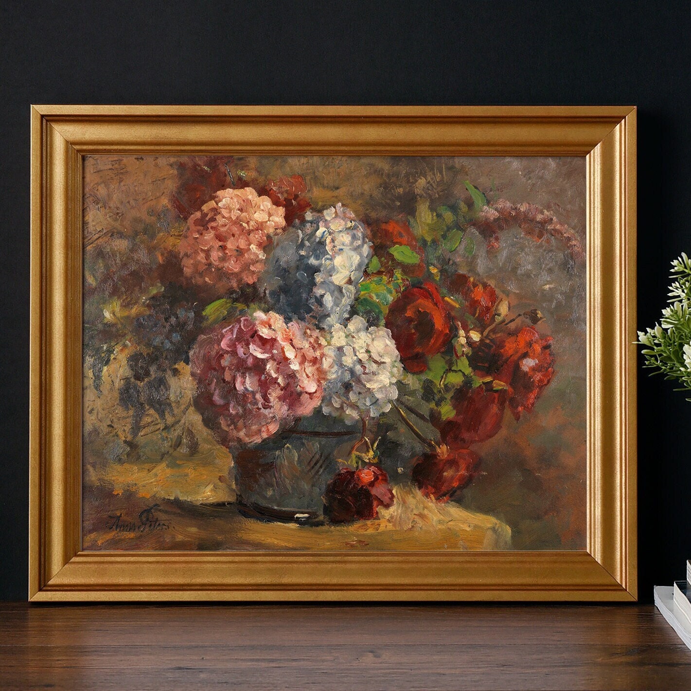 Print | Still Life Painting of Hydrangeas and Roses,| Reproduced From ...