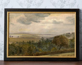 Print | Lush Green Field Vintage Landscape Painting, reproduced from an original oil painting | Art No. 1133