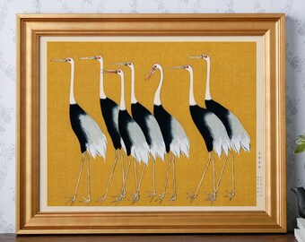 Print | Flock of Japanese red crown crane water color painting, reproduced from an original painting | Bird Wall Art | Art No. 1190