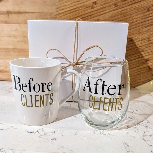 Personalized "Before and After" Coffee Mug and Stemless Wine Glass Gift Set, Custom Color Choices, Free Personalization, Made To Order!