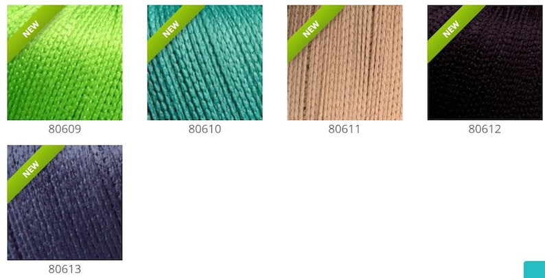 May include: Five spools of embroidery floss in different colors: lime green, teal, beige, black, and dark blue. Each spool has a "NEW" label.