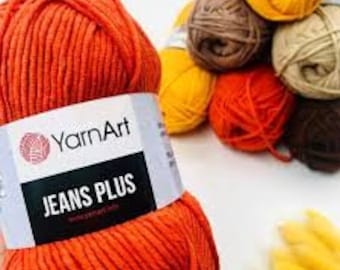May include: Orange yarn ball labeled "YarnArt Jeans Plus" with other yarn balls in various colors in the background.