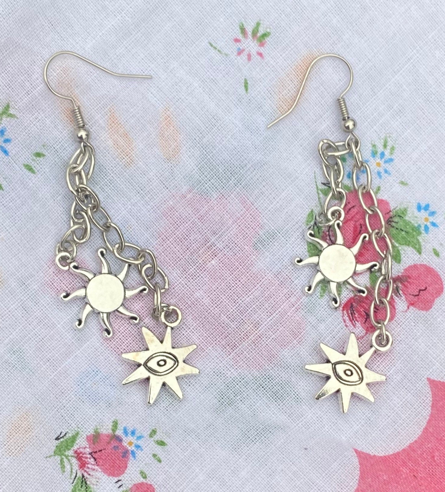 Sun and eye dangle drop chain earrings