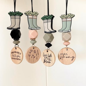 Car Charms | Hanging | Silicone Beaded | Wood | Engraved | Rearview Mirror | Car Accessories | Teacher Gift Ideas | Wellies | Rain Boots