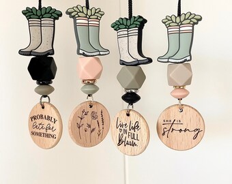 Car Charms | Hanging | Silicone Beaded | Wood | Engraved | Rearview Mirror | Car Accessories | Teacher Gift Ideas | Wellies | Rain Boots