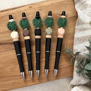 Monstera Leaf | Beaded Pens | Silicone Beaded | Matte Black Pens | Farmhouse Floral | Plant Lady | Green | Black Ink | Office | Teacher Gift