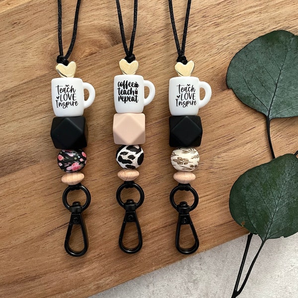 Beaded Teacher Lanyard: Coffee Mug, Teach Love Inspire, Coffee Teach Repeat, Breakaway Clasp, Leopard, Wildflowers, Floral, Acrylic Heart