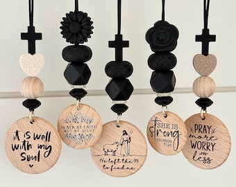 Christian Car Charms: Rearview Mirror Accessory, Laser Engraved Wood Tag, Bible Verses, Wildflowers, Floral, Bible Verses, Let Them, Faith