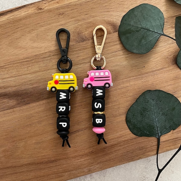 School Bus Driver | Keychains | Custom Name | Teacher Gift Ideas | Keychains | Beadable | Silicone Beads | Pink | Yellow | Cute Gift Ideas