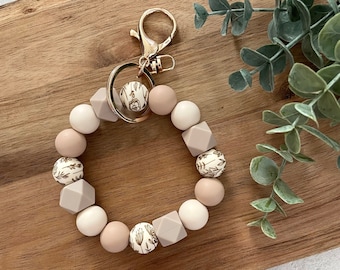 Wildflower Silicone Beaded Wristlet Keychain - Neutral Tones, Boho, Bracelet Keychain, Gift Ideas