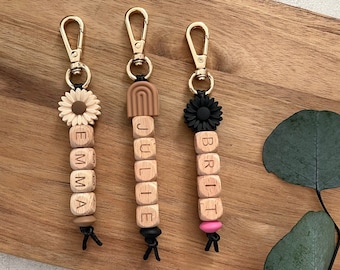 Keychains | Custom Name | Daisy | Rainbow | Silicone Beaded | Gold | Personalized | Unique | Word | Gift Ideas | Bag Tag | Neutral | Modern