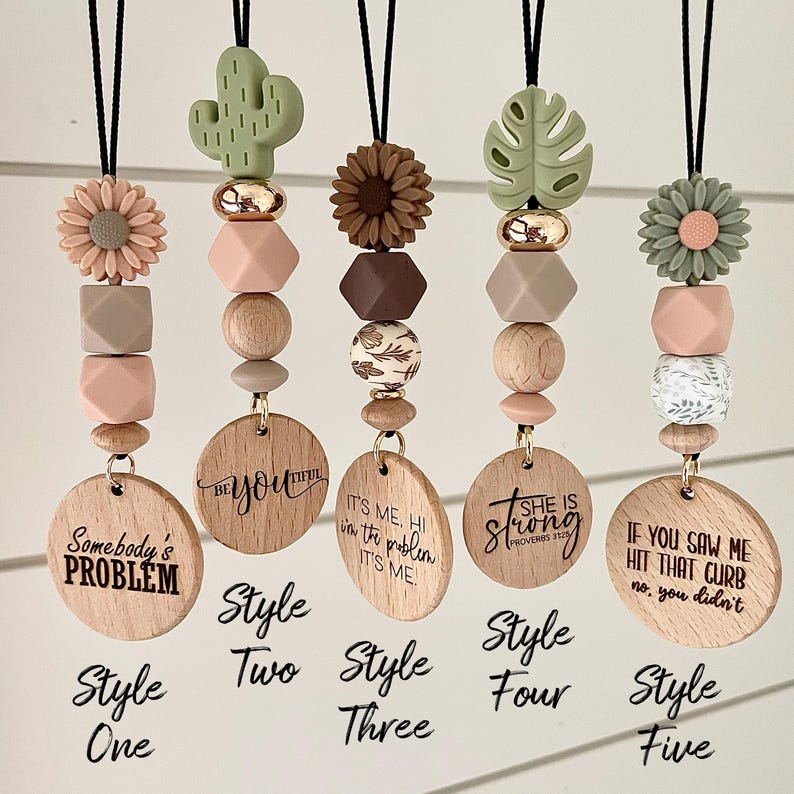 Custom Laser Engraved Wood Car Charm: Silicone Beaded Rearview Mirror Hanging Charm, Eucalyptus, Monstera Leaf, Daisy, Wildflowers, Cactus image 2