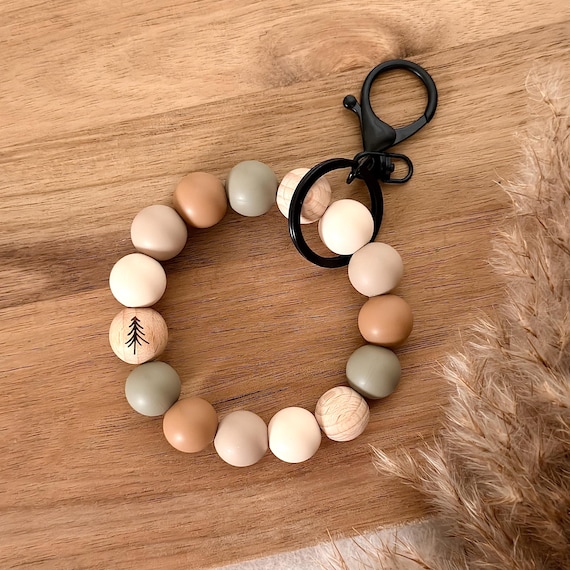 Wristlets | Silicone Beaded | Pine | Tree | Winter | Keychains | Wood | Neutral Tones | Stretch Bracelets | Gift Ideas | Mama | Teacher