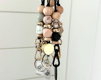 Neutral Beaded Lanyard with Gold Retractable Badge Reel