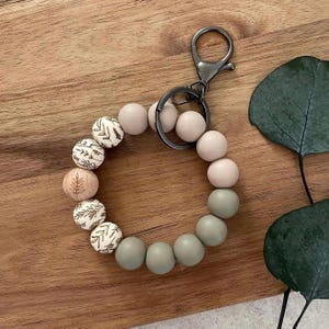 Wildflower Beaded Wristlet Keychain: Laser Engraved Eucalyptus Accent, Neutral Tones, Floral, Stretch Bracelet, Neutral Wristlet, Custom