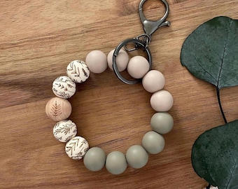 Wildflower Beaded Wristlet Keychain: Laser Engraved Eucalyptus Accent, Neutral Tones, Floral, Stretch Bracelet, Neutral Wristlet, Custom