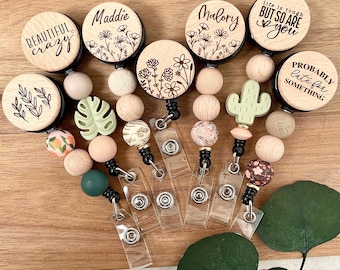 Laser Engraved Wood Badge Reel: BELT CLIP ID Holder, Customizable, Laser Engraved Wood Tags, Teacher, Nurse, Gifts