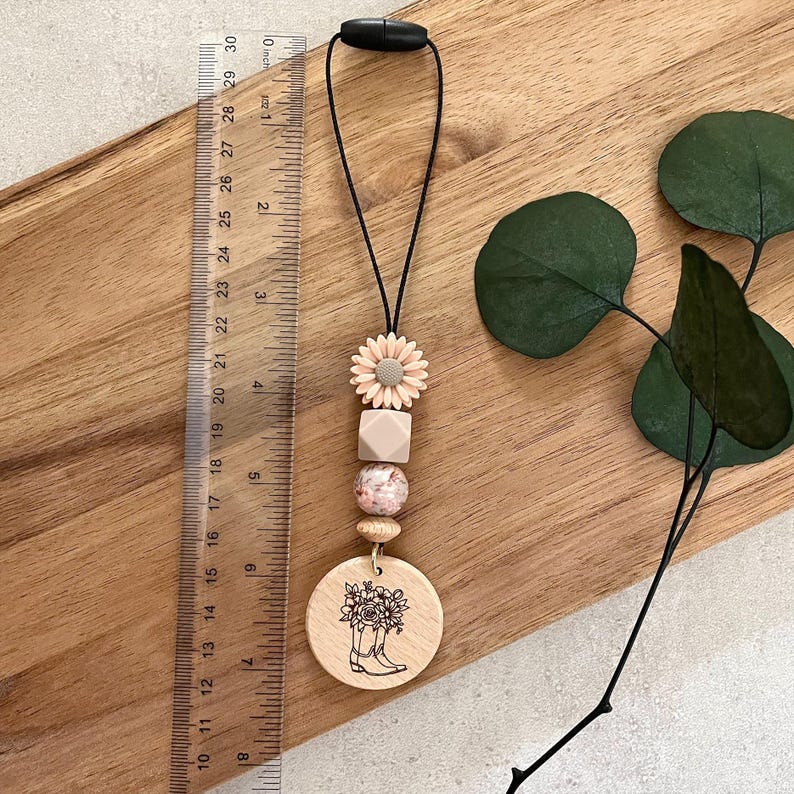 Custom Laser Engraved Wood Car Charm: Silicone Beaded Rearview Mirror Hanging Charm, Eucalyptus, Monstera Leaf, Daisy, Wildflowers, Cactus image 9