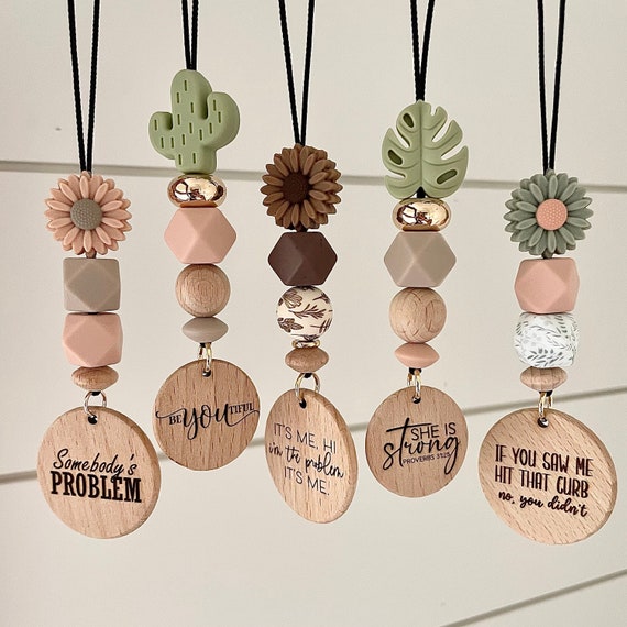 Custom Laser Engraved Wood Car Charm: Silicone Beaded Rearview Mirror Hanging Charm, Eucalyptus, Monstera Leaf, Daisy, Wildflowers, Cactus