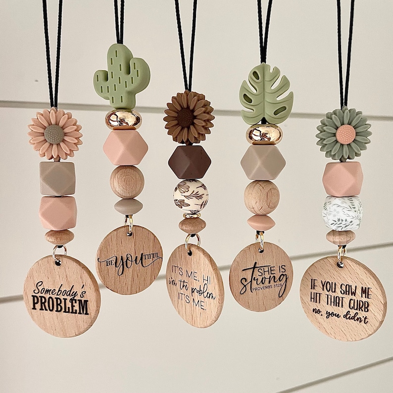 Custom Laser Engraved Wood Car Charm: Silicone Beaded Rearview Mirror Hanging Charm, Eucalyptus, Monstera Leaf, Daisy, Wildflowers, Cactus image 1