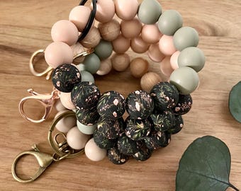 Floral Silicone Beaded Wristlet Keychain: Botanical Print Bracelet