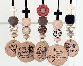 Engraved Wood Car Charm | Beaded Rearview Mirror Hanging