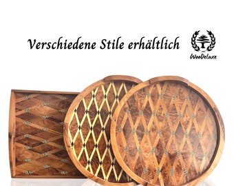 Serviertablett aus Holz Tablett Rund Holz mit Griffen Serviertabletts Küchentablett Servierplatten für Frühstück Geschirr Getränke