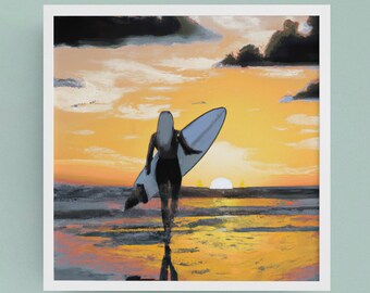 Blonde Surferin Ukiyo-e Kunstdruck | KI-generierte japanische Surf-Sonnenuntergang-Malerei | Surfen Wand Dekor Digitaler Download | Hochauflösend