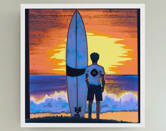 Ukiyo-e Style Art Männlicher Surfer bei Sonnenuntergang | Druckbare JPG | Sonnenuntergang Longboard | Japanisch inspiriert | Ideal für Surfbegeisterte | KI-Generiert