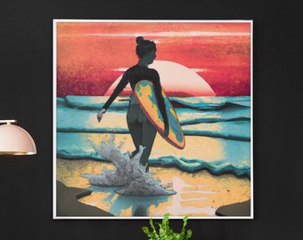 Ukiyo-e Style Surfer Art | Surferin | Druckbare JPG| Lebendige Sonnenuntergang Ozean Szene | Japanische Kunst | Perfekt für Surfliebhaber | KI-Generiert
