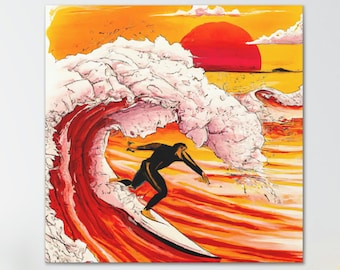 Ukiyo-e Stil Surfer Gemälde | Digitaler Download | Sonnenuntergang | Japanische Kunst | Surfende Kunst | Einzigartige Wanddekoration | KI-Generiert | Rote Wellen