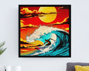 Ukiyo-e Style Big Wave Surfing Art | Druckbare JPG | Lebendige Sonnenuntergangsszene | Japanische Kunst inspiriert, einzigartiges Geschenk für Surf-Liebhaber, AI-Generiert