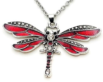 Dragonfly Silver and Red Pendant Necklace (Pendant 2.83 inch wide and 1.65 inch long)