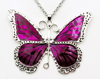 Plum Purple Silver and Enamel Butterfly Pendant Necklace (BIG pendant 2.44"Long X 3.30"Wide)