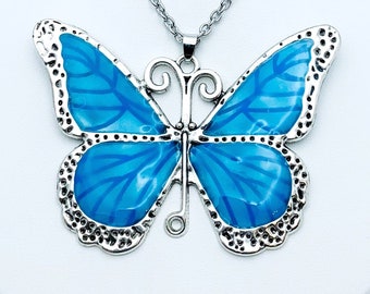 Sky Blue Silver and Enamel Butterfly Pendant Necklace (BIG pendant 2.44"Long X 3.30"Wide)