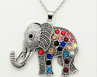 Tibetan Style Multi Color Rhinestone Elephant Pendant Necklace (stones random) (pendant size 1.69"Long X 2.00"Wide)