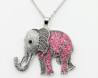 Tibetan Style Pink Rhinestone Elephant Pendant Necklace (pendant size 1.69"Long X 2.00"Wide)