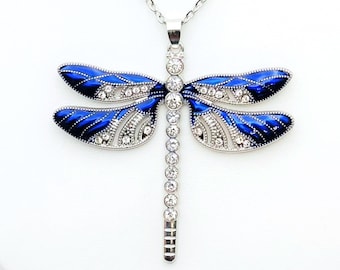 Dragonfly Platinum and Royal Blue Pendant Necklace (Pendant 2.51 inch wide and 2.24 inch long)