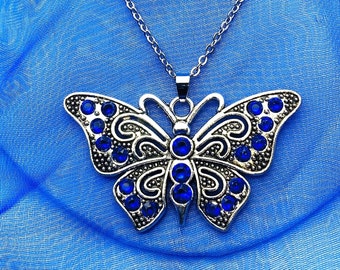 Vintage Style Butterfly Pendant Necklace - color sapphire (Pendant 1.45"L  X 2.63"W )